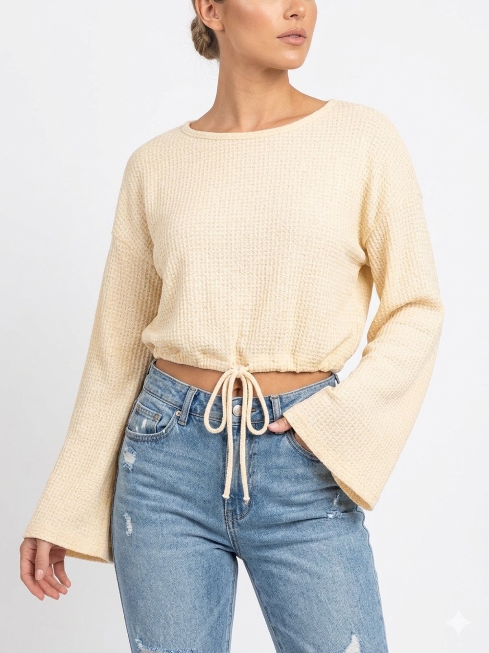 NEW! Kittenish Cream Waffle-Knit Crop Top with Drawstring Size M